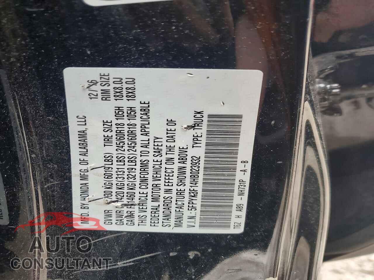 HONDA RIDGELINE 2017 - 5FPYK3F14HB023932