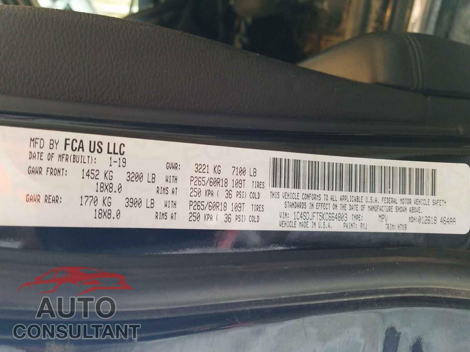 DODGE DURANGO 2019 - 1C4SDJFT5KC664803