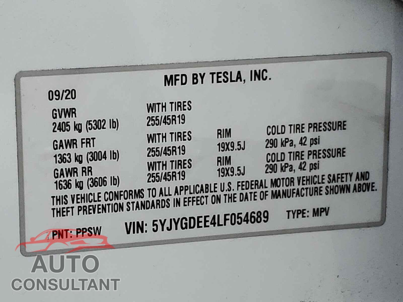 TESLA MODEL Y 2020 - 5YJYGDEE4LF054689