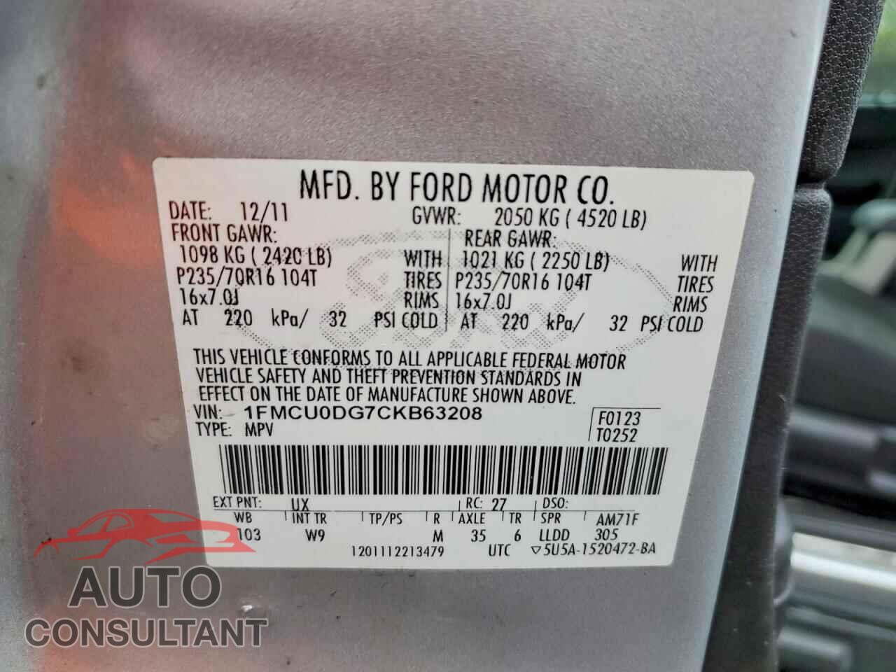 FORD ESCAPE 2012 - 1FMCU0DG7CKB63208