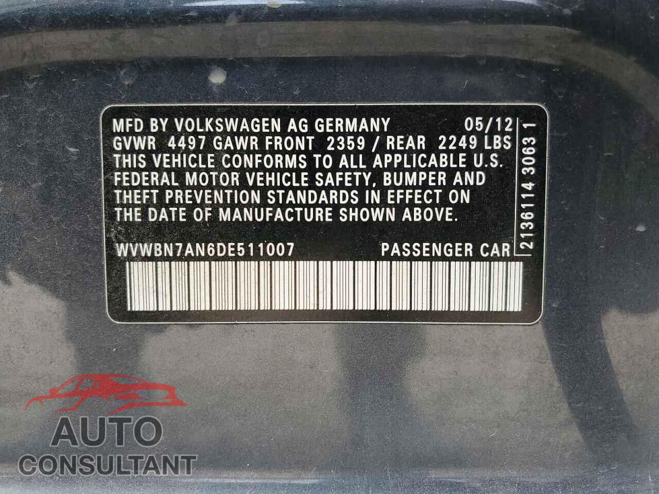 VOLKSWAGEN CC 2013 - WVWBN7AN6DE511007