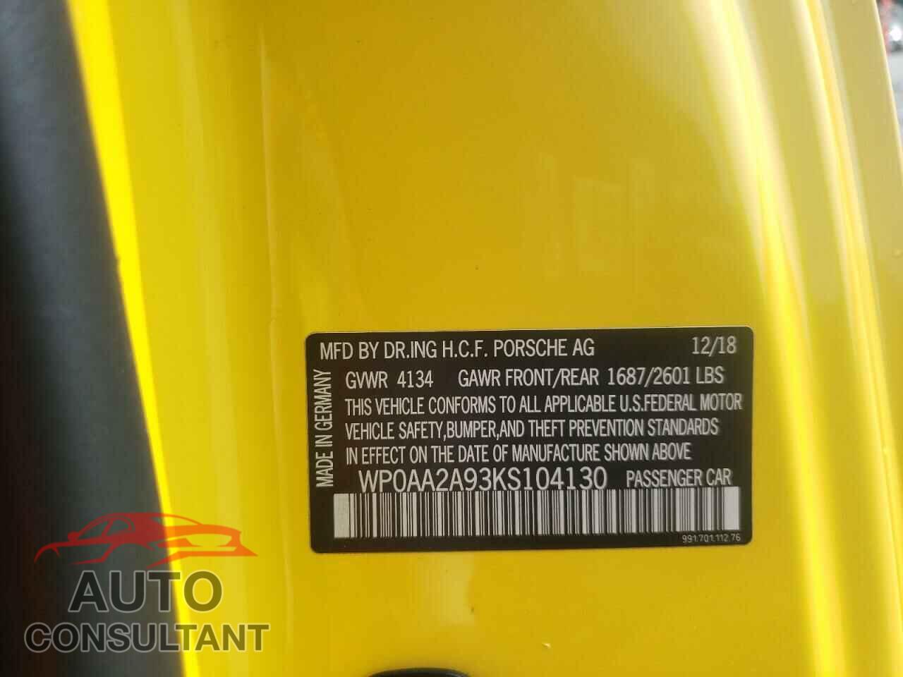 PORSCHE 911 2019 - WP0AA2A93KS104130