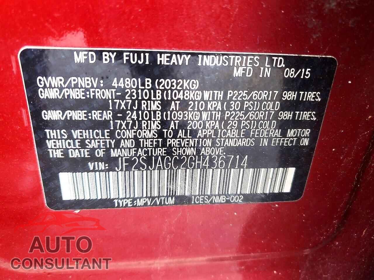 SUBARU FORESTER 2016 - JF2SJAGC2GH436714