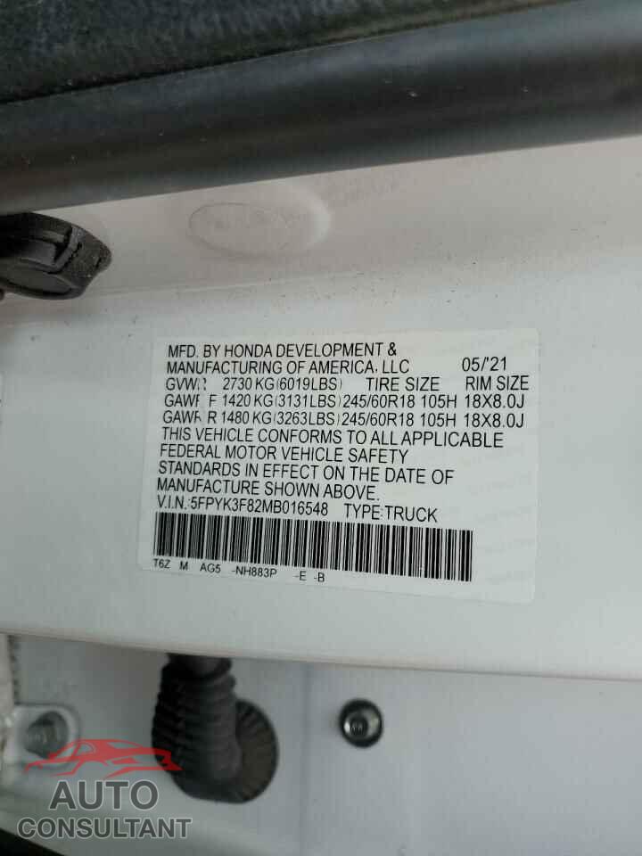 HONDA RIDGELINE 2021 - 5FPYK3F82MB016548