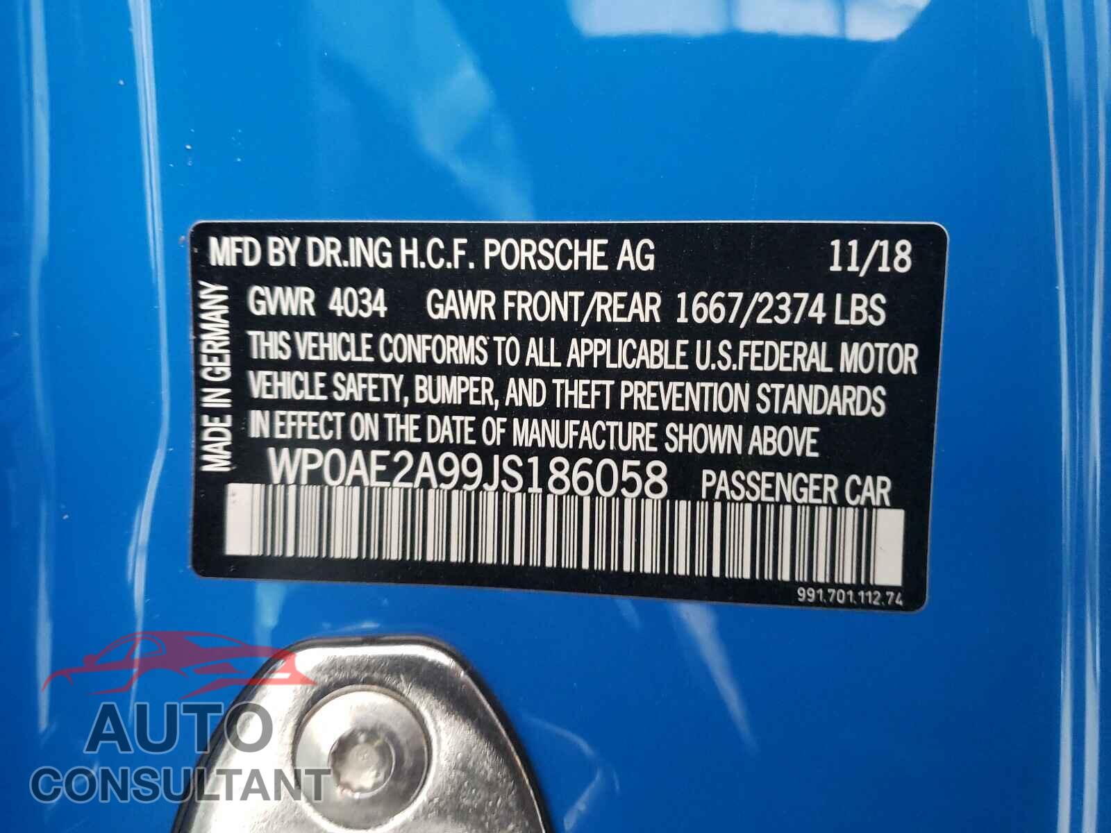 PORSCHE 911 2018 - WP0AE2A99JS186058