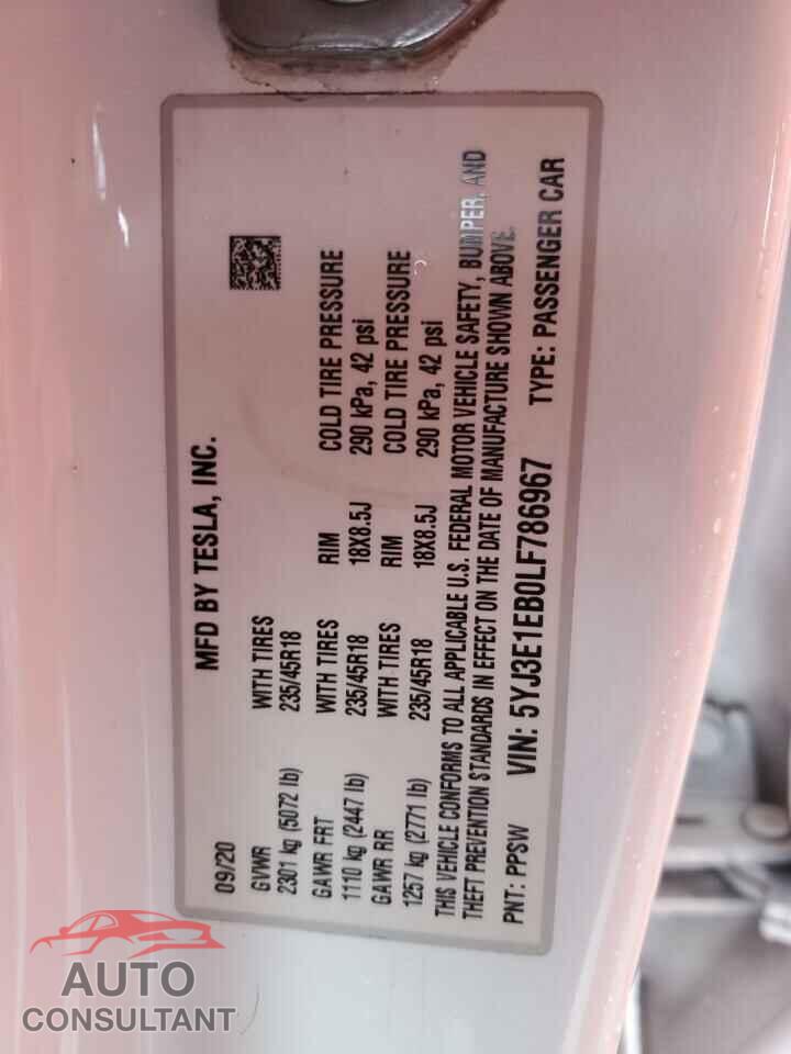 TESLA MODEL 3 2020 - 5YJ3E1EB0LF786967