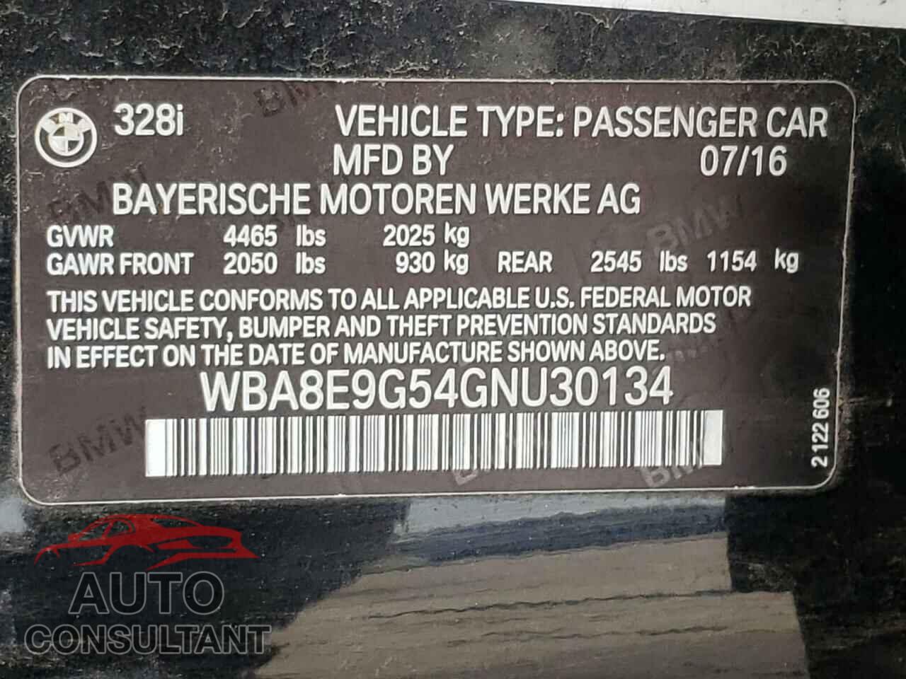 BMW 3 SERIES 2016 - WBA8E9G54GNU30134