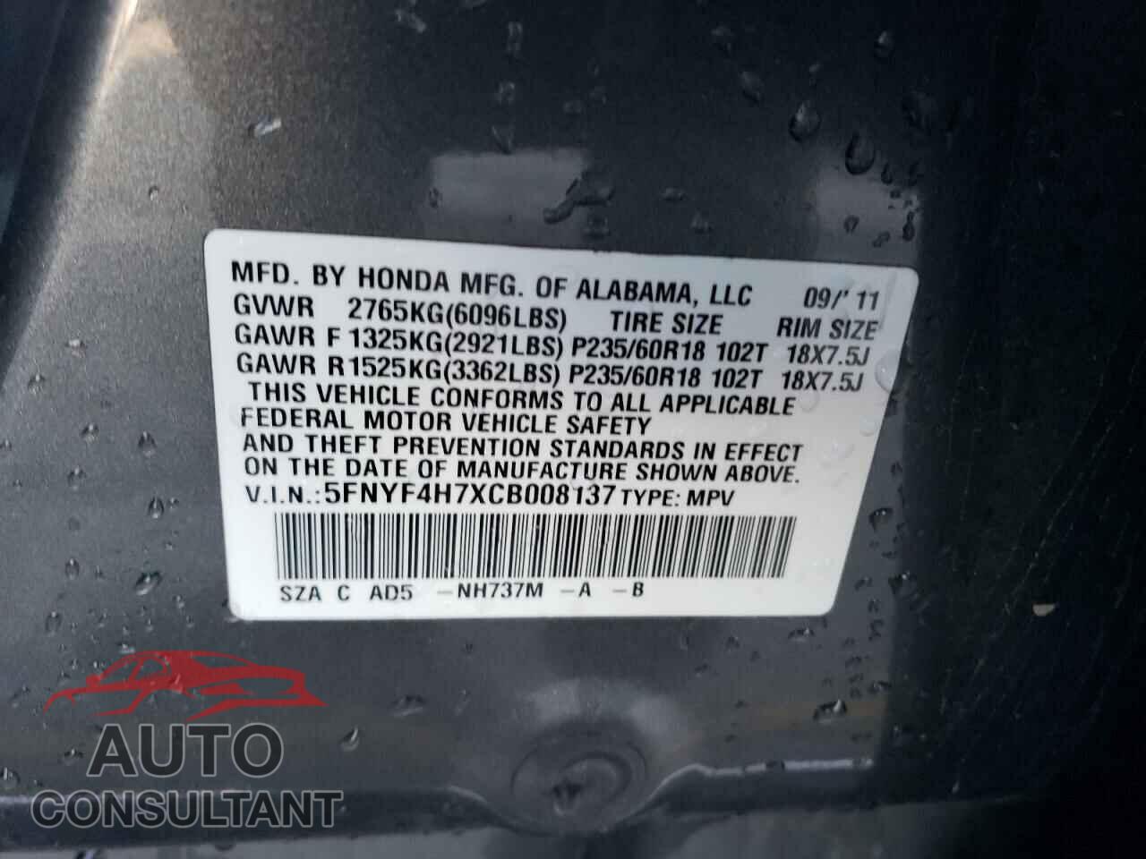 HONDA PILOT 2012 - 5FNYF4H7XCB008137