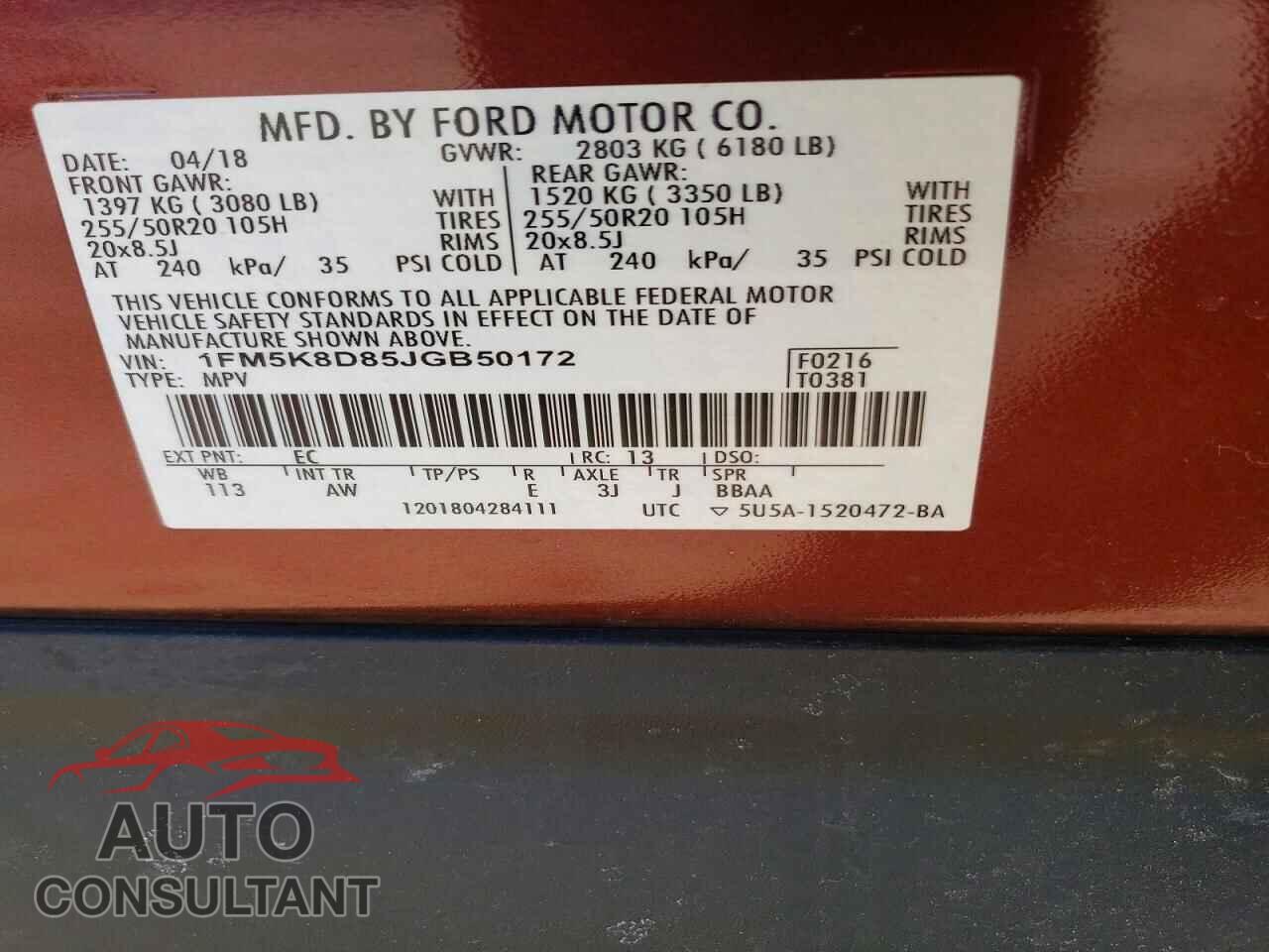 FORD EXPLORER 2018 - 1FM5K8D85JGB50172