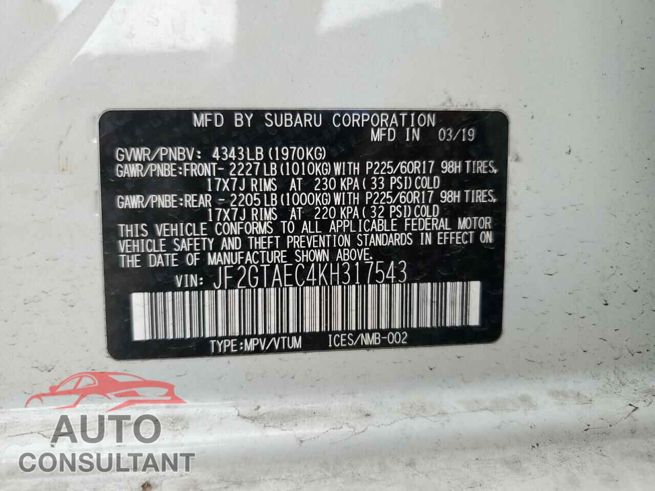 SUBARU CROSSTREK 2019 - JF2GTAEC4KH317543