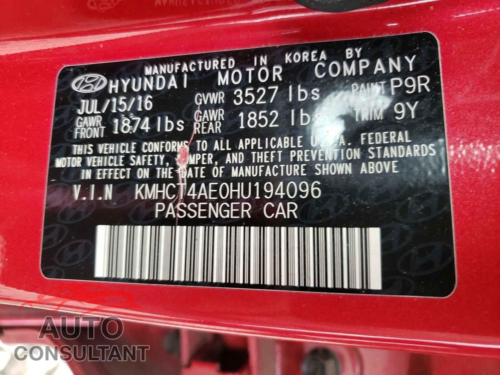 HYUNDAI ACCENT 2017 - KMHCT4AE0HU194096
