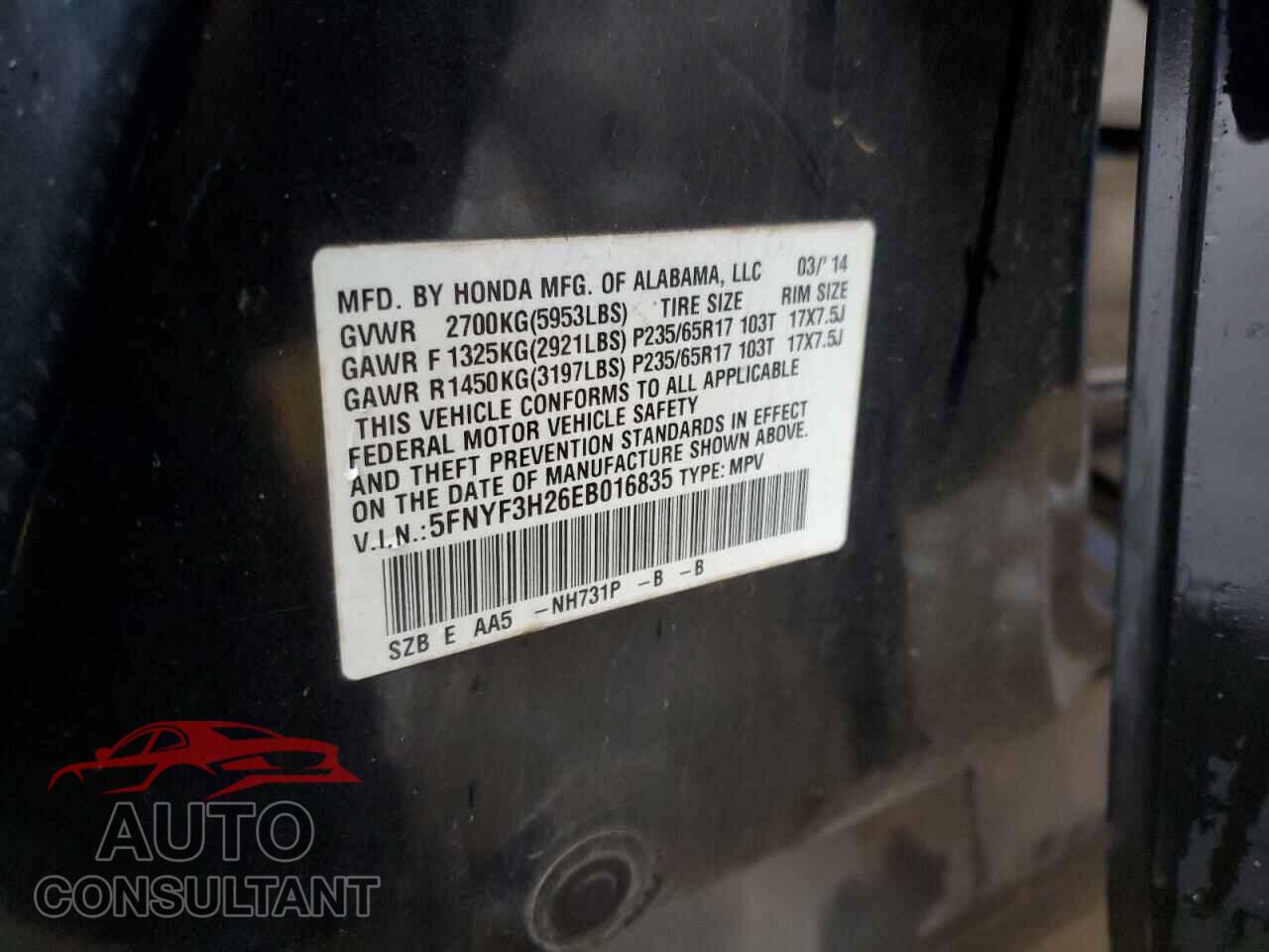 HONDA PILOT 2014 - 5FNYF3H26EB016835