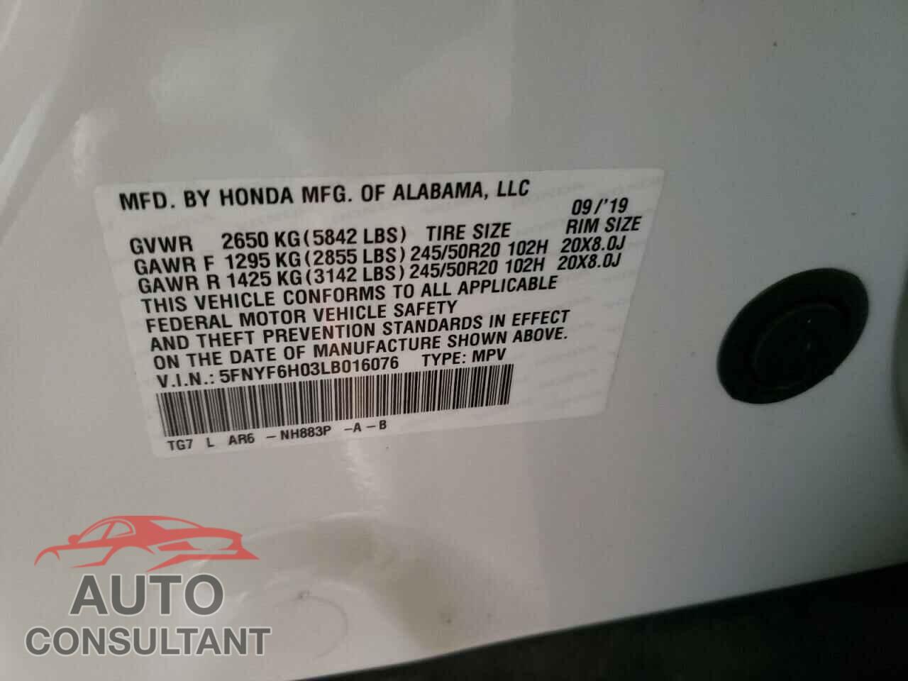 HONDA PILOT 2020 - 5FNYF6H03LB016076