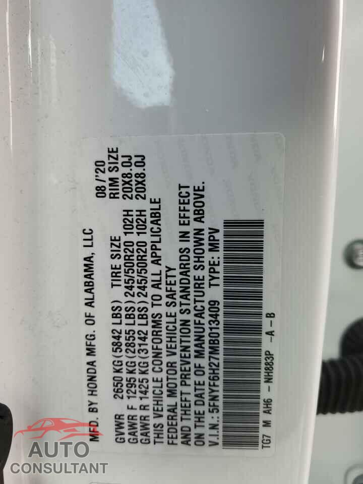 HONDA PILOT 2021 - 5FNYF6H27MB013409