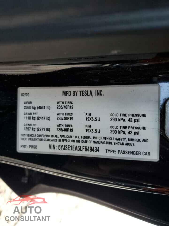 TESLA MODEL 3 2020 - 5YJ3E1EA5LF649434