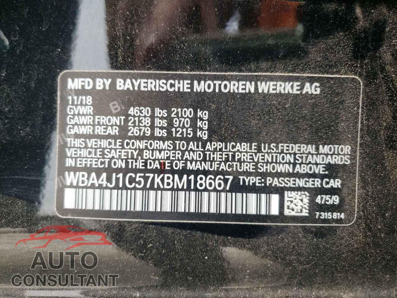 BMW 4 SERIES 2019 - WBA4J1C57KBM18667
