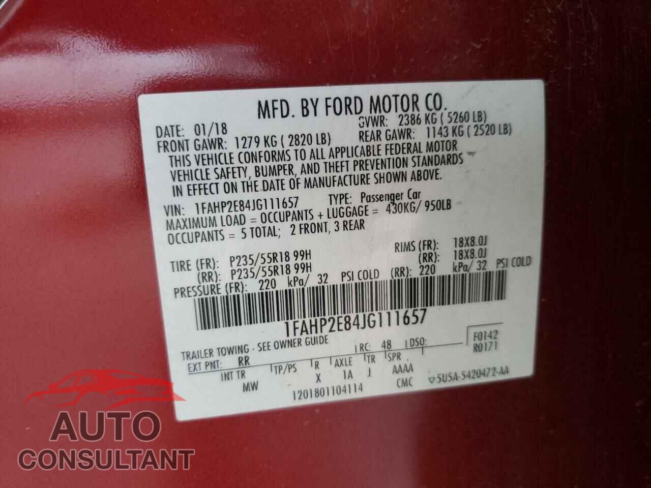 FORD TAURUS 2018 - 1FAHP2E84JG111657