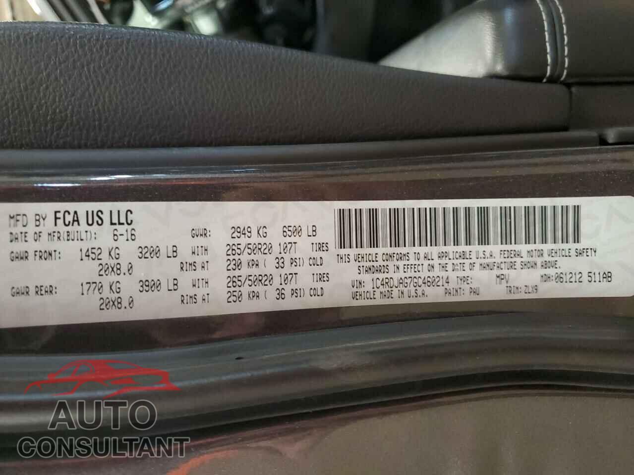 DODGE DURANGO 2016 - 1C4RDJAG7GC460214