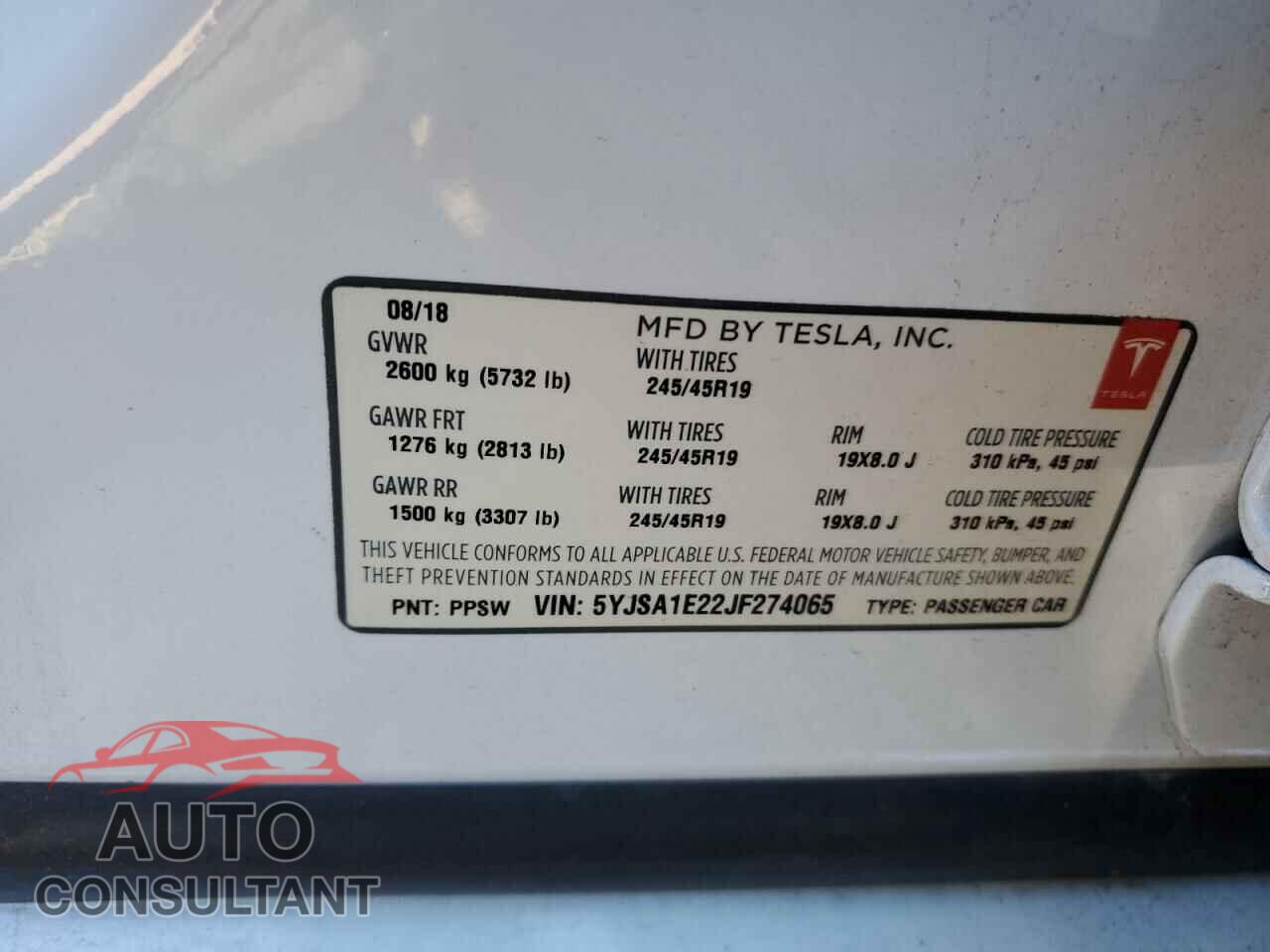 TESLA MODEL S 2018 - 5YJSA1E22JF274065