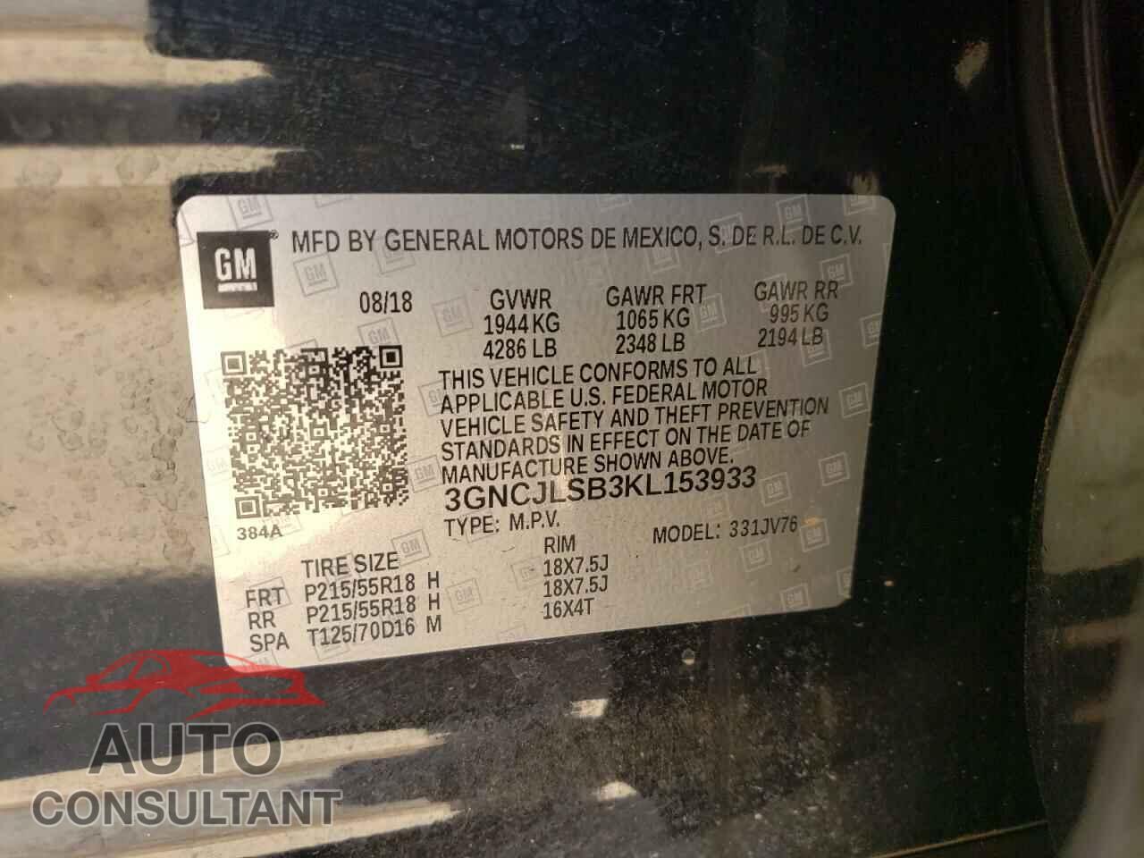 CHEVROLET TRAX 2019 - 3GNCJLSB3KL153933