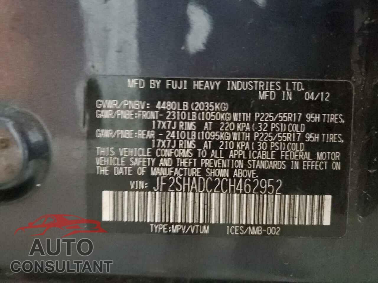 SUBARU FORESTER 2012 - JF2SHADC2CH462952