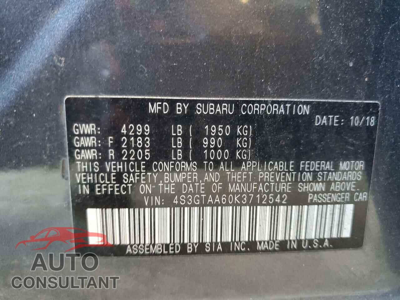 SUBARU IMPREZA 2019 - 4S3GTAA60K3712542