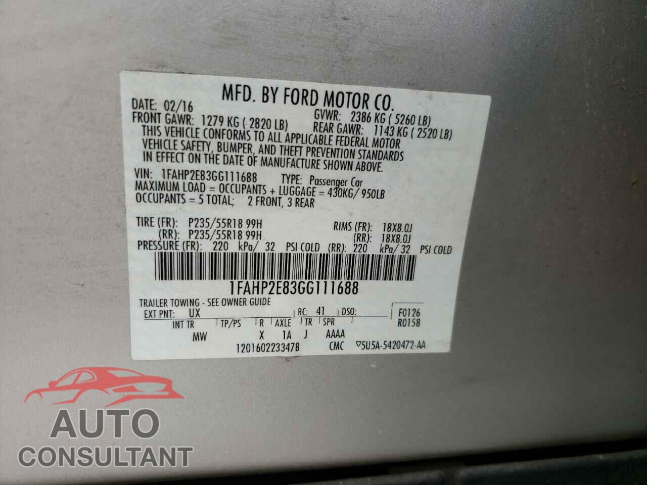 FORD TAURUS 2016 - 1FAHP2E83GG111688