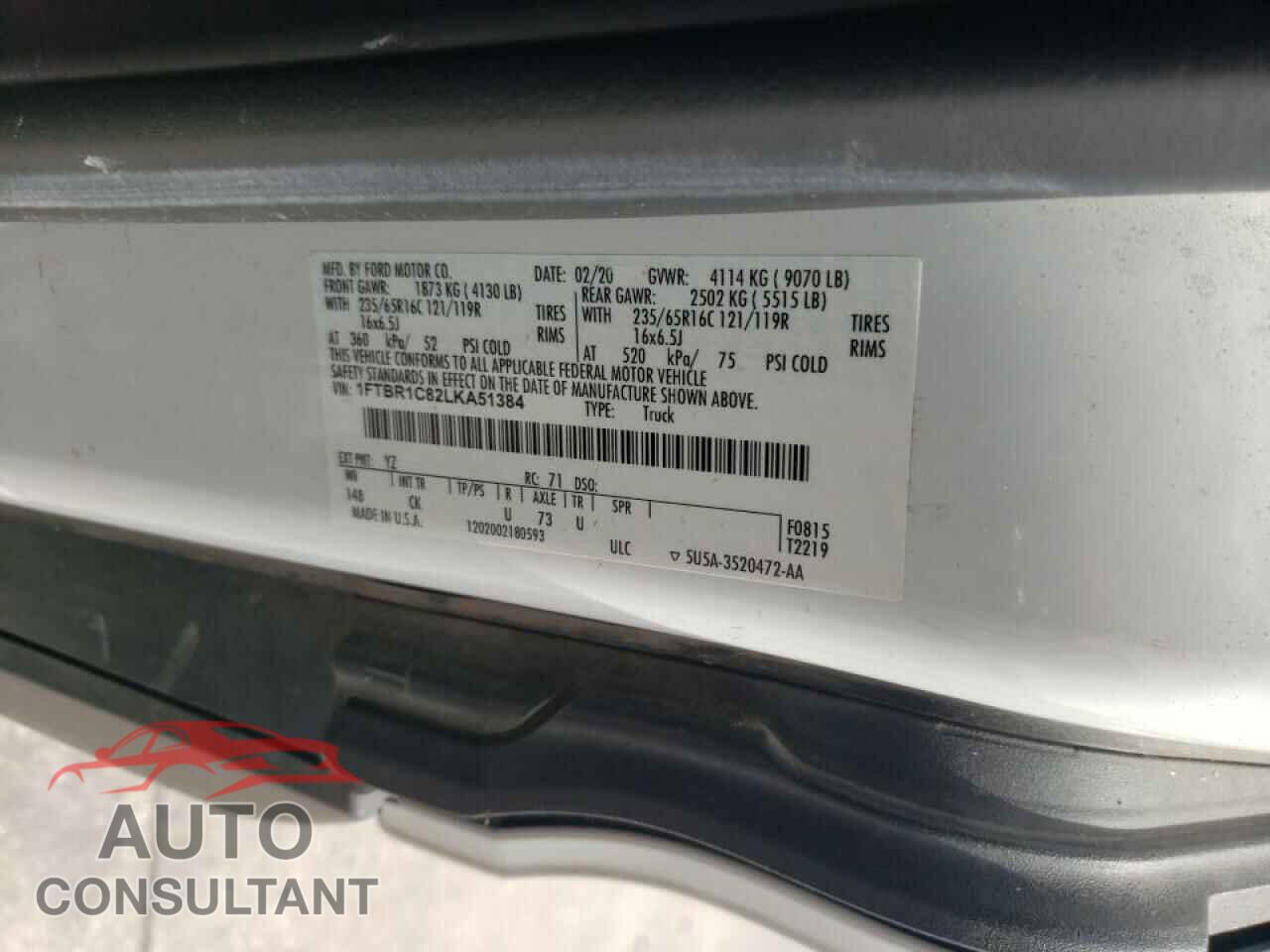FORD TRANSIT CO 2020 - 1FTBR1C82LKA51384