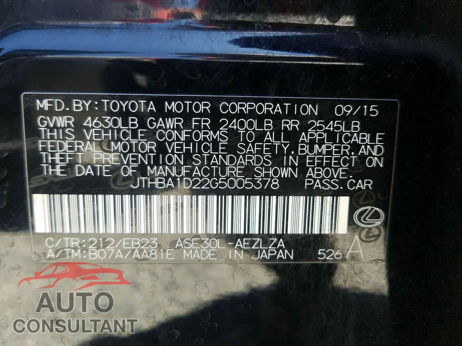LEXUS IS 2016 - JTHBA1D22G5005378