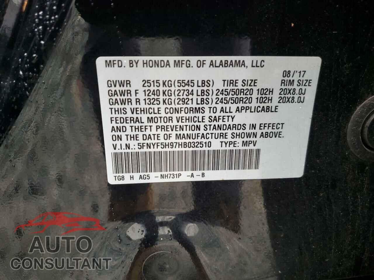 HONDA PILOT 2017 - 5FNYF5H97HB032510