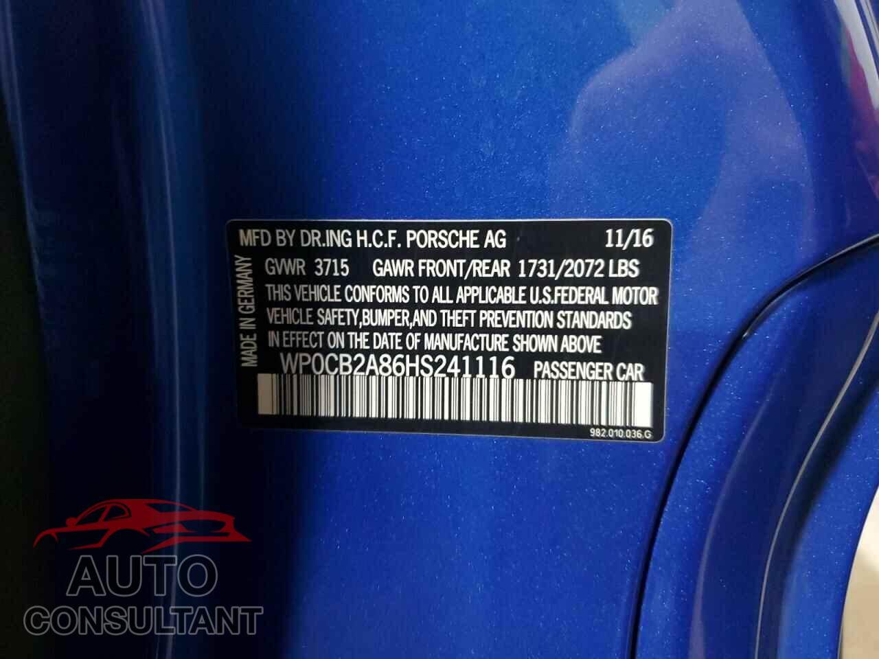 PORSCHE BOXSTER 2017 - WP0CB2A86HS241116