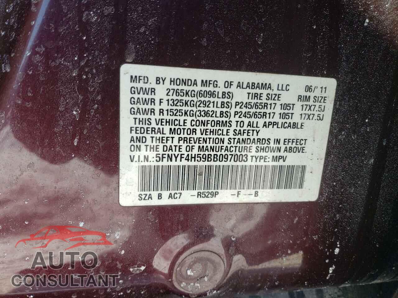 HONDA PILOT 2011 - 5FNYF4H59BB097003