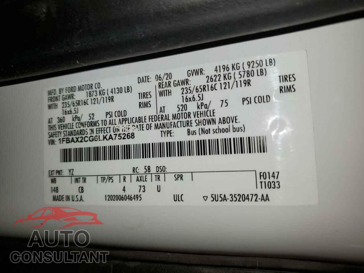 FORD TRANSIT 2020 - 1FBAX2CG6LKA75268