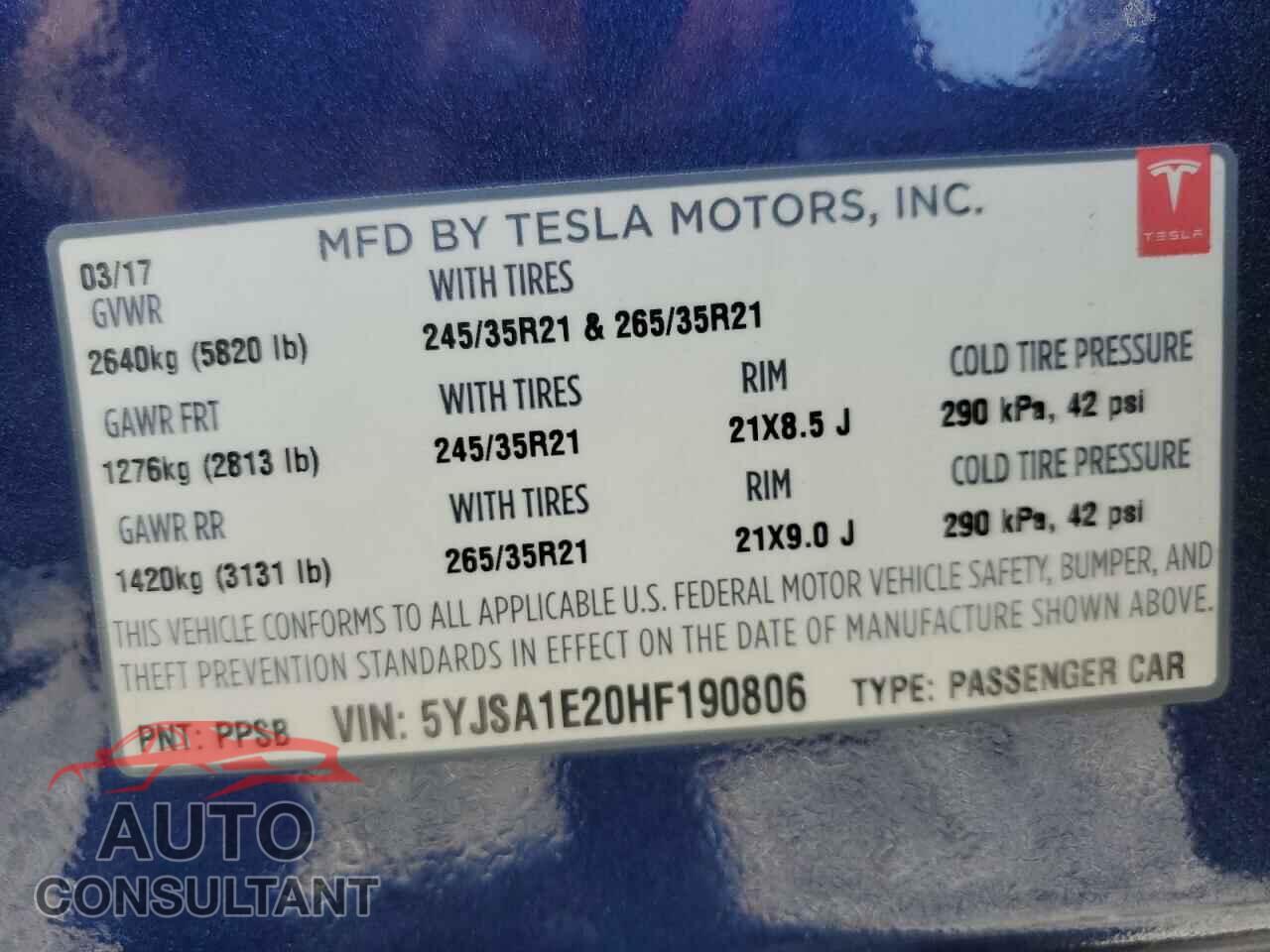 TESLA MODEL S 2017 - 5YJSA1E20HF190806