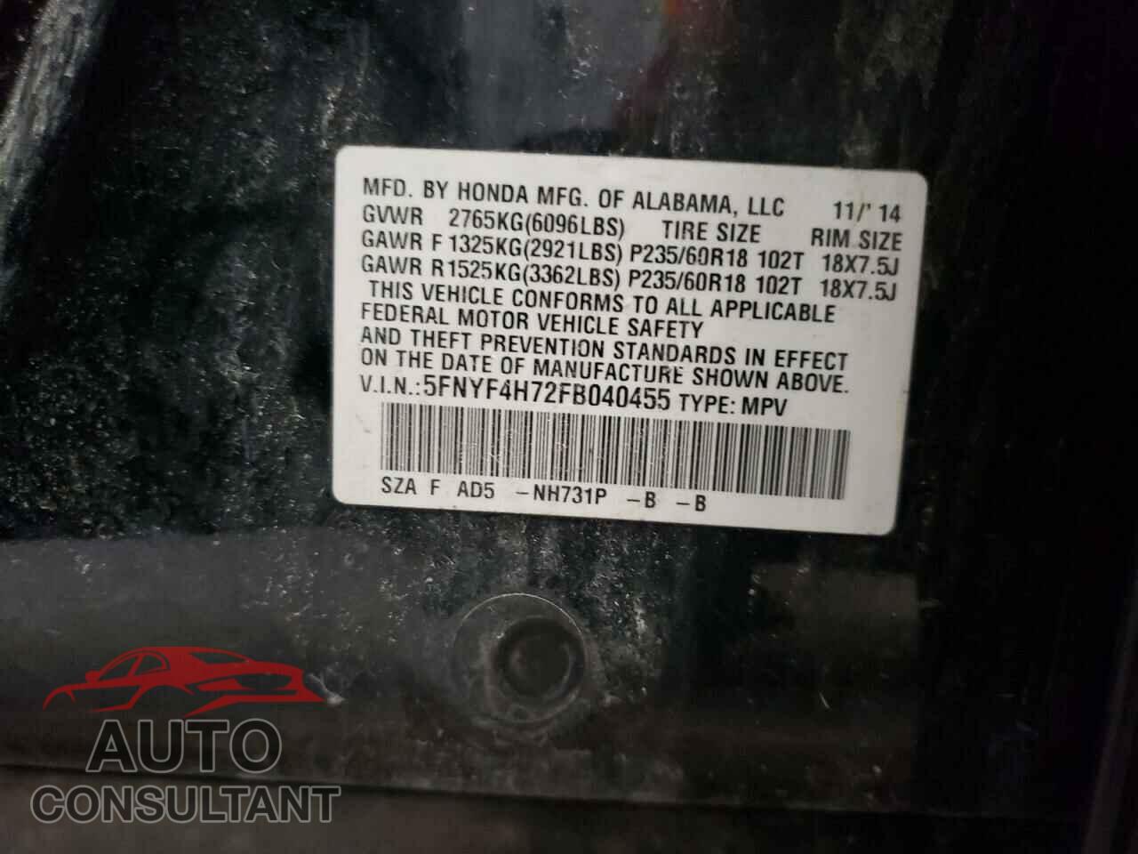 HONDA PILOT 2015 - 5FNYF4H72FB040455