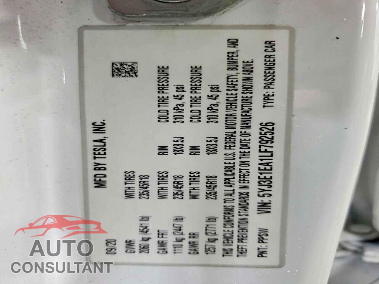 TESLA MODEL 3 2020 - 5YJ3E1EA1LF792526