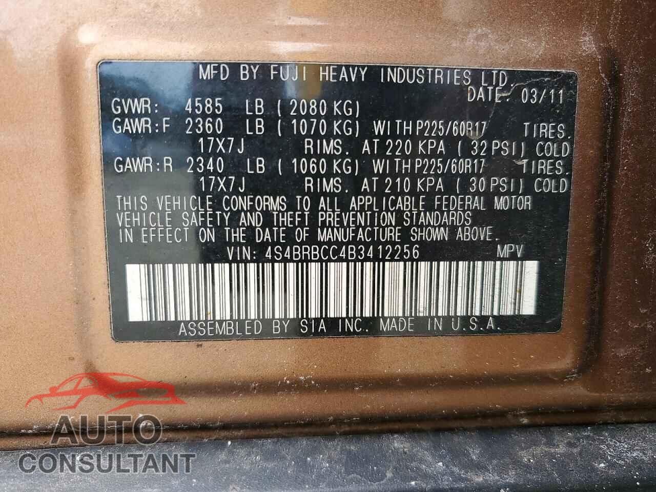 SUBARU OUTBACK 2011 - 4S4BRBCC4B3412256