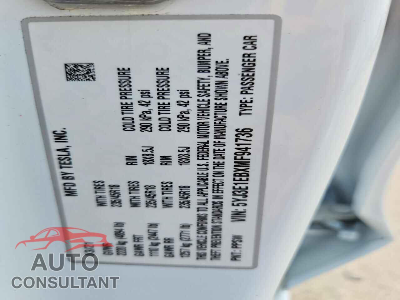 TESLA MODEL 3 2021 - 5YJ3E1EBXMF941736
