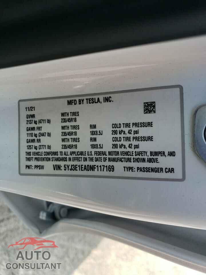 TESLA MODEL 3 2022 - 5YJ3E1EA0NF117169