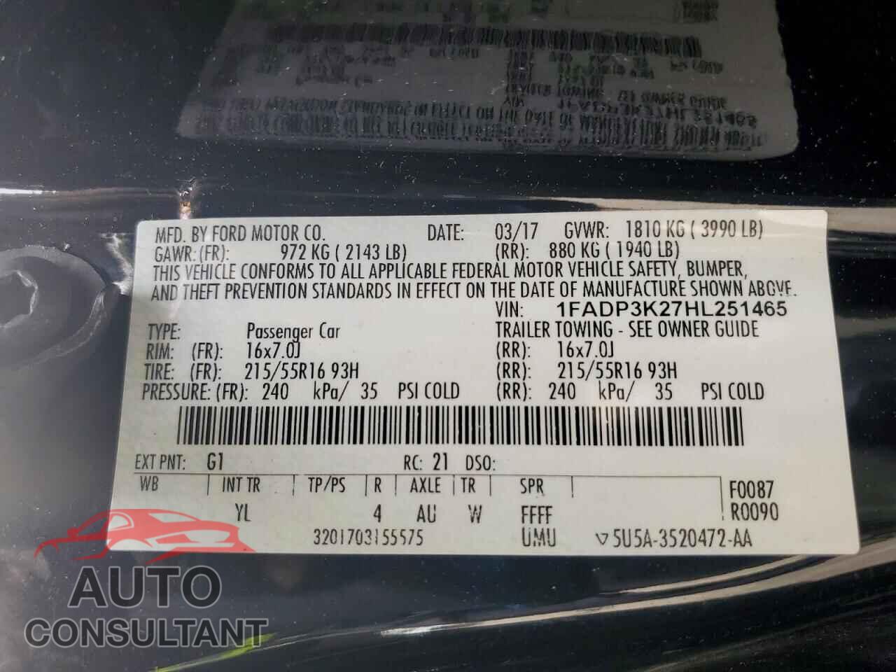 FORD FOCUS 2017 - 1FADP3K27HL251465