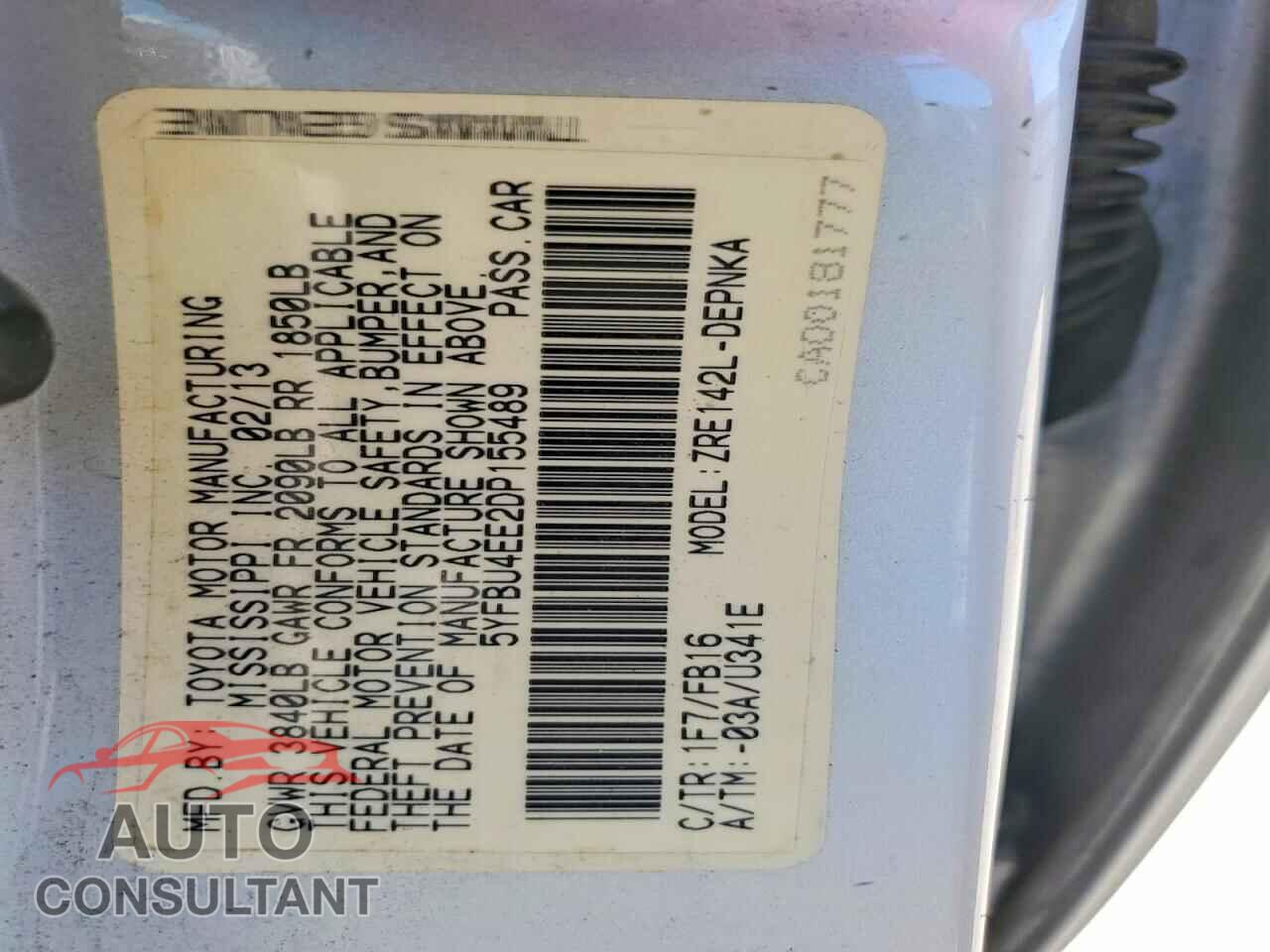 TOYOTA COROLLA 2013 - 5YFBU4EE2DP155489