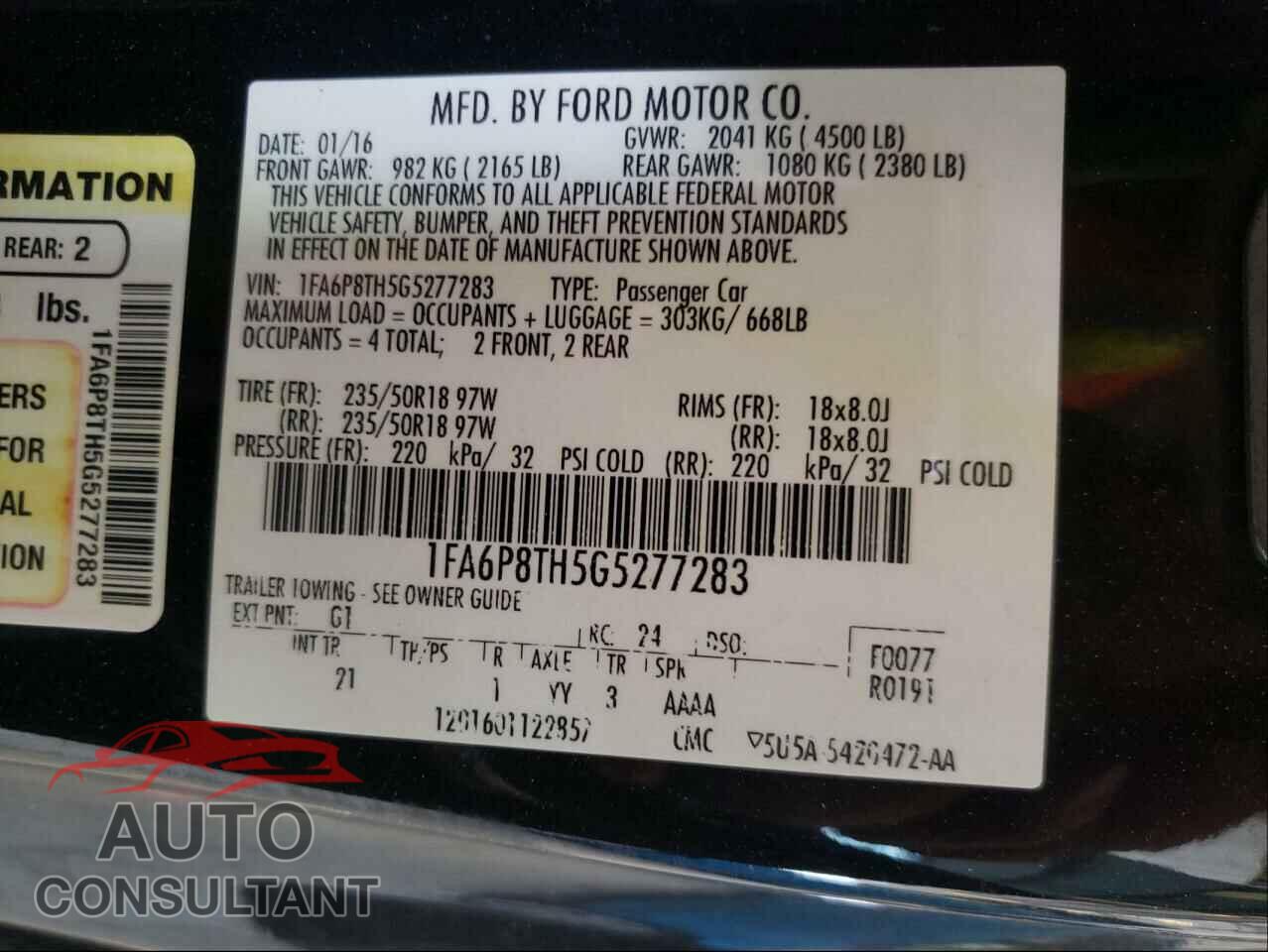 FORD MUSTANG 2016 - 1FA6P8TH5G5277283