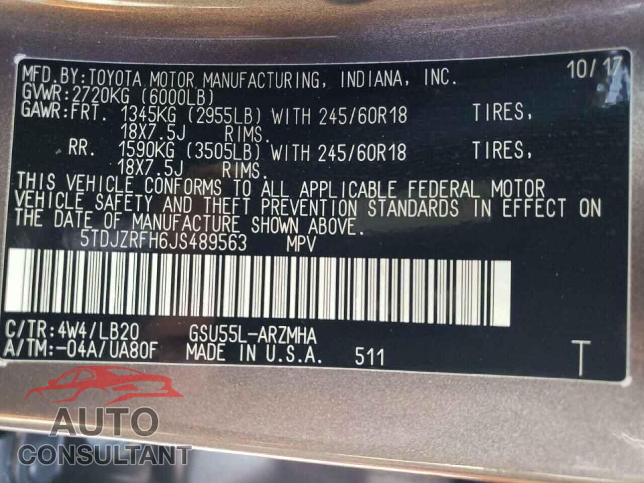 TOYOTA HIGHLANDER 2018 - 5TDJZRFH6JS489563