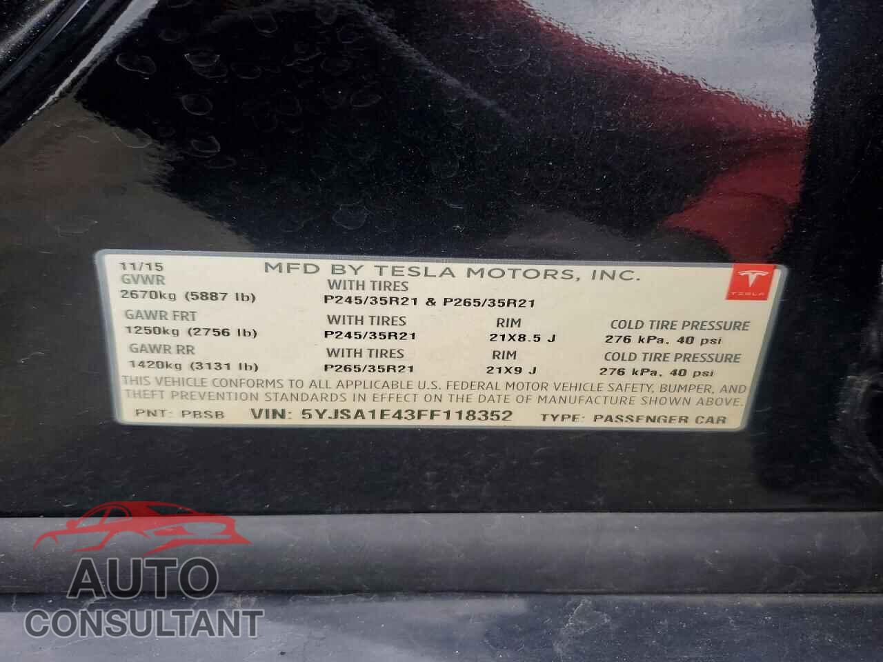 TESLA MODEL S 2015 - 5YJSA1E43FF118352
