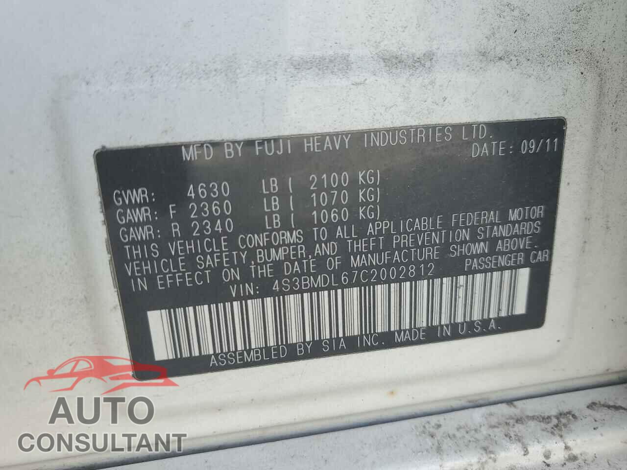 SUBARU LEGACY 2012 - 4S3BMDL67C2002812