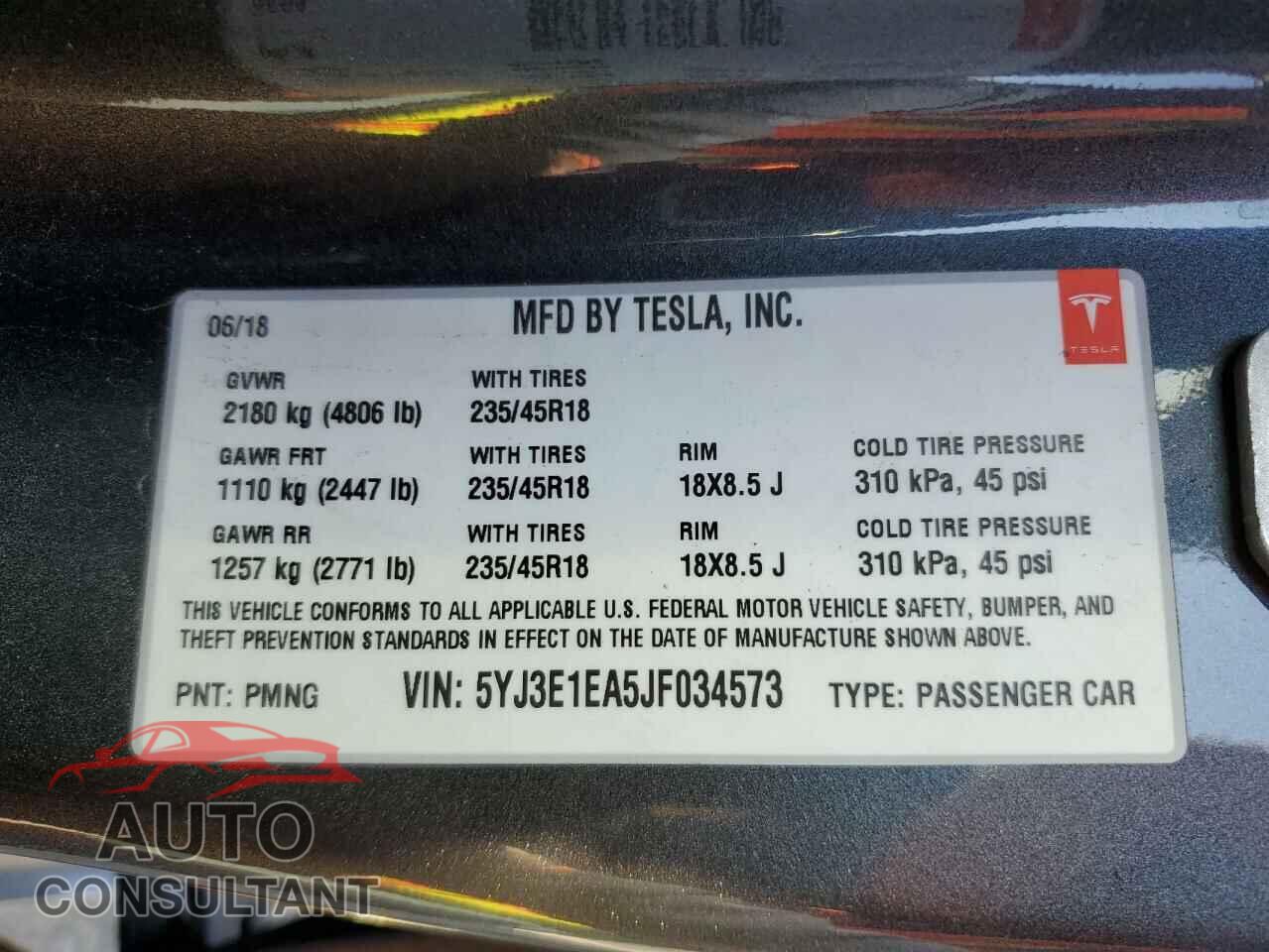 TESLA MODEL 3 2018 - 5YJ3E1EA5JF034573