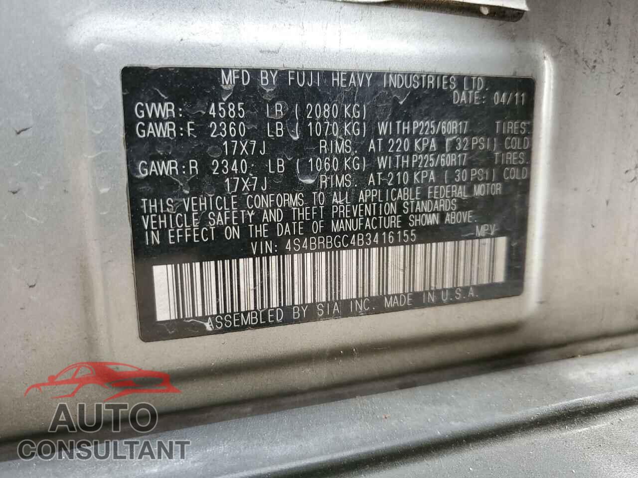 SUBARU OUTBACK 2011 - 4S4BRBGC4B3416155