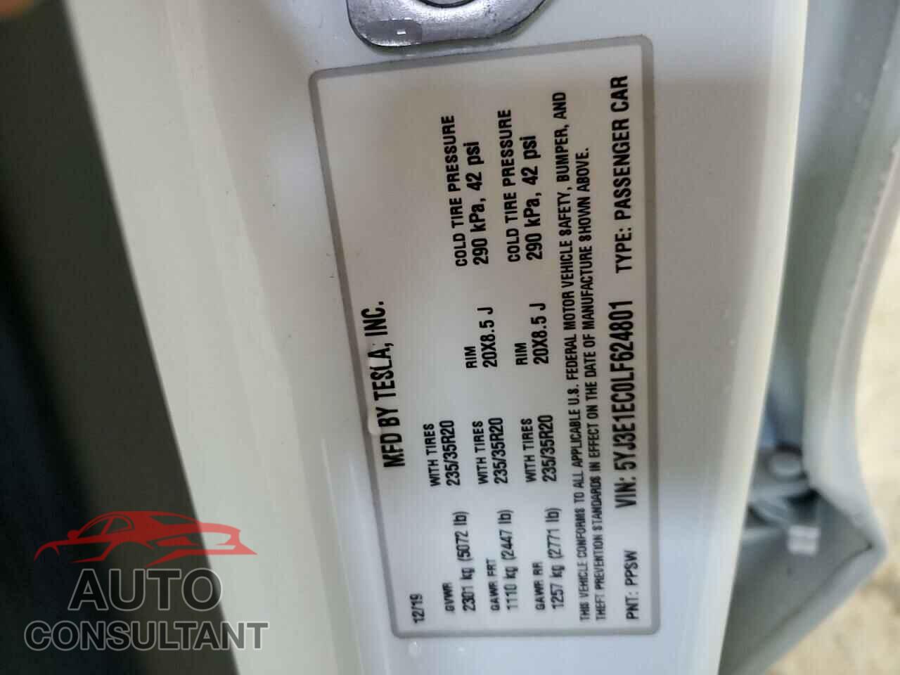 TESLA MODEL 3 2020 - 5YJ3E1EC0LF624801