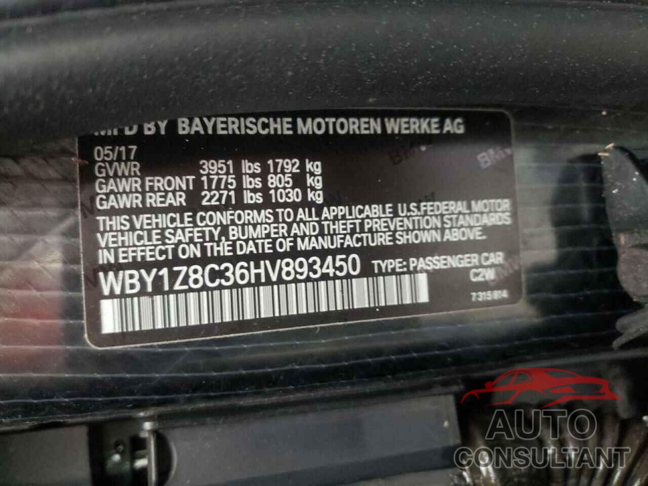 BMW I SERIES 2017 - WBY1Z8C36HV893450