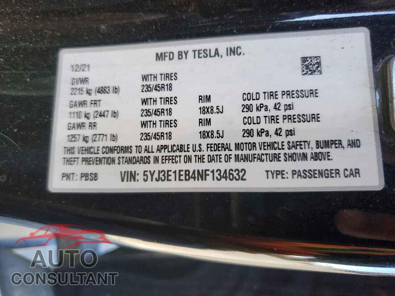 TESLA MODEL 3 2022 - 5YJ3E1EB4NF134632